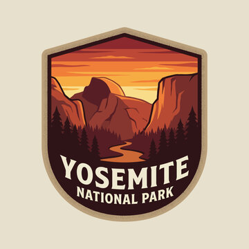Yosemite National Park Vintage Travel Badge with Half Dome Sunset Landscape
