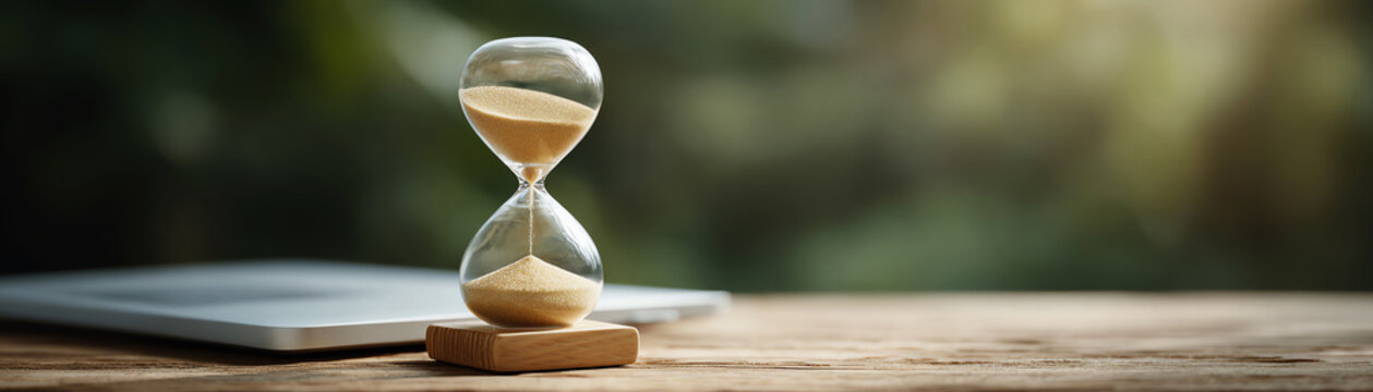 Contemplative vintage hourglass with golden sand passing. concept of time management, deadline and countdown on wooden table