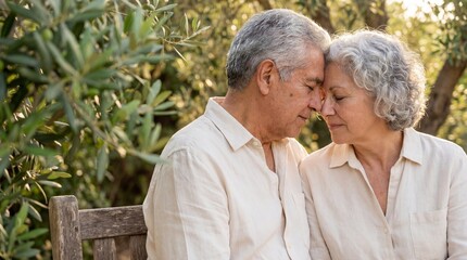 Senior Hispanic couple in cream linen shirts touching foreheads with closed eyes on wooden bench in sunny olive grove.