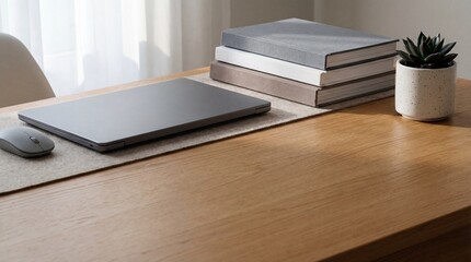 Closed gray laptop with books and succulent arranged on a wooden desk near a window.