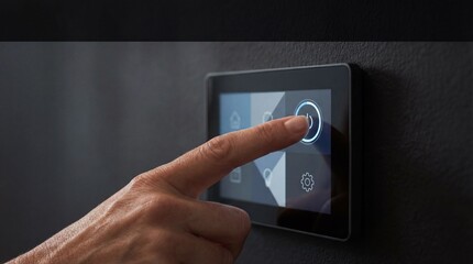 Close-up of a woman's finger touching the glowing power icon on a smart home control panel mounted on a dark wall.