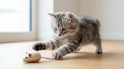 Fluffy silver tabby kitten pouncing on beige sisal mouse toy on light hardwood floor near bright window.