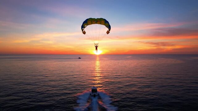 Man parasailing at sunset over ocean water, towed by boat. Aerial view of extreme sport activity