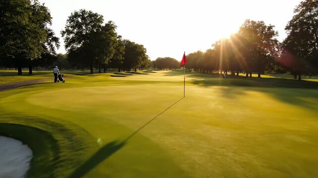 Serene sunset golf course: sunburst through trees and smooth green fairway