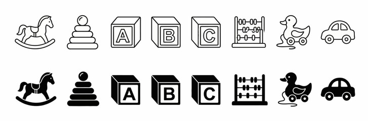 Classic Children's Toy Icon Set with Rocking Horse Blocks and Rubber Duck