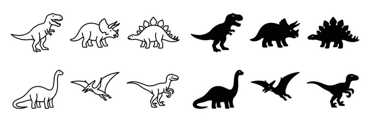 Dinosaur Icon Set with Tyrannosaurus Rex Triceratops and Stegosaurus Silhouettes © Tharusha