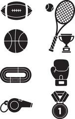 Sports icons set, including football, tennis racket, basketball, boxing glove, medal, and whistle, for banner or poster, Isolated on transparent background, png