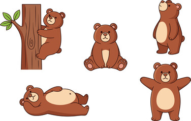 Cute brown bear character collection featuring various expressive poses including climbing a tree sitting lounging and standing for children's storybook and woodland mascot vector design