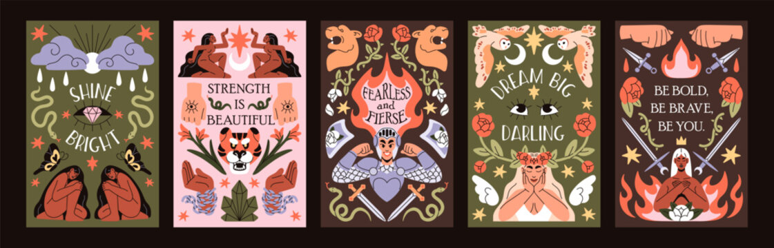 Set of boho cards designs of woman power. Bohemian feminism posters in vintage style. Mystic and magic layouts of tarot back with brave girls, flowers and feminists. Flat vector illustrations.