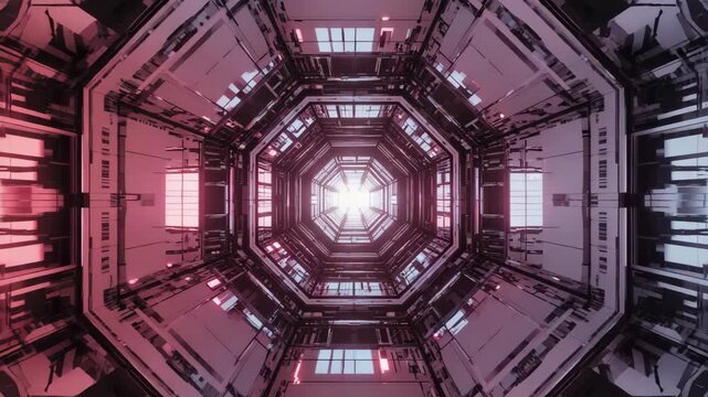 Futuristic scifi purple corridor with octagonal tunnel and bright starry light  abstract technology background
