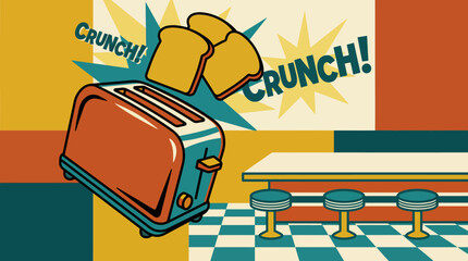 Retro Pop Art Toaster Illustration with Crunch Text and Diner Background © Tharusha