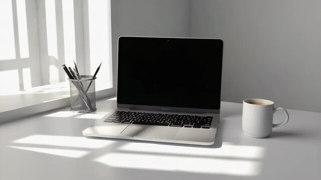 Laptop computer on white desk with coffee cup and pen holder near window