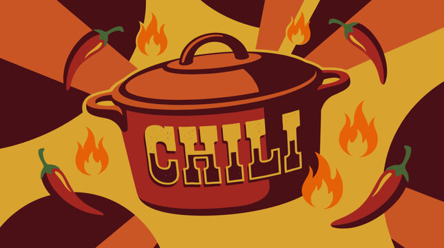 Spicy Chili Cooking Pot Illustration with Red Peppers and Flames
