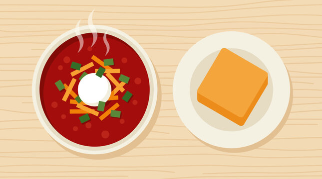 Tomato Soup with Garnish and Cornbread Side in Flat Design Top View