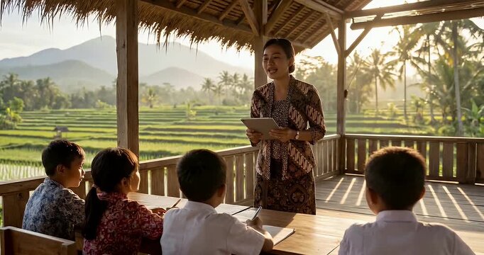 A teacher in traditional batik clothing teaches young students in an open classroom overlooking beautiful views of rice fields and mountains.