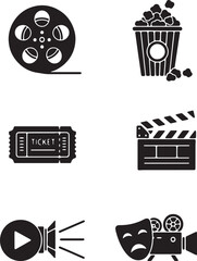 cinema icons, film strip, popcorn bucket, movie ticket, clapperboard, play button, comedy tragedy mask, for website or presentation