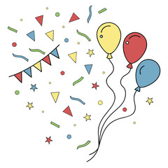 Birthday party greeting card with colorful balloons and confetti illustration