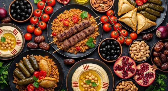 Overhead Spread of Traditional Ramadan Food and Grilled Skewers on Table