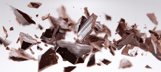 The chocolate shards exploding in midair with dynamic motion and texture