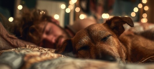 The Dog Resting Peacefully on a Cozy Bed with Sleeping Owner Nearby