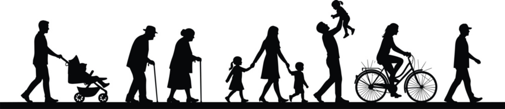 Set of Black Silhouette Vector Illustrations Featuring Diverse People of All Ages Walking Cycling and Pushing Strollers for Community Lifestyle and Inclusion Designs