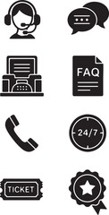Customer support icons, including call center agent, chat bubble, fax machine, FAQ document, phone, 24/7 clock, ticket, and star award, for website, overlay effect or presentation