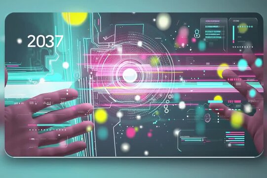 abstract futuristic ai technology background loop, colorful digital data visualization with copyspace, hightech holographic interface animation