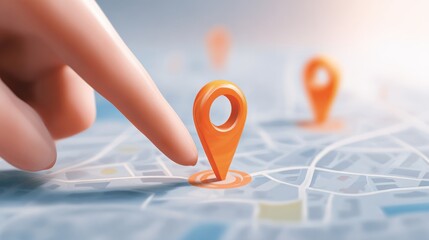 Finger pointing at map location pin on digital map