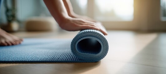 The Yoga Mat Rolled Up After Morning Stretching Session In Sunny Home