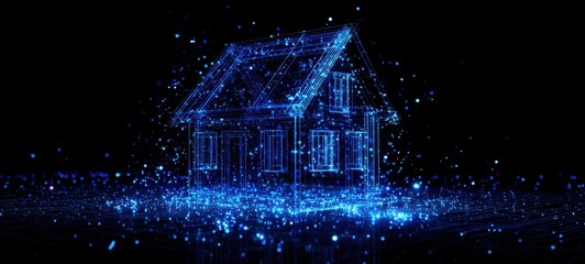 The House Wireframe Glowing in Blue Digital Particles Representing Smart Home Technology