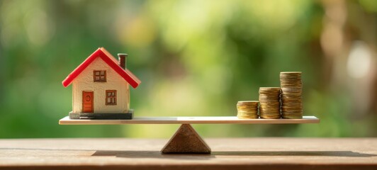 The House Balanced on a Scale Beside Stacks of Golden Coins Representing Value