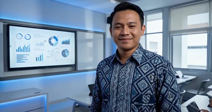 A smiling man wearing a batik shirt stands in a modern classroom with a large screen displaying data analysis.