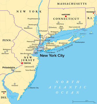 New York metropolitan area, political map. Also called Greater New York or Tri-State area, comprising New York City, North and Central New Jersey, Hudson Valley, and Southwestern Connecticut. Vector
