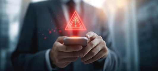 The Smartphone Displaying a Red Holographic Warning Triangle in Corporate Business Setting