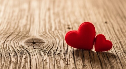 Two Red Hearts on Rustic Wooden Surface, Symbol of Love and Romance, Rustic Charm, Simple Decoration