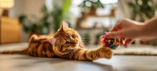 The Ginger Cat Reaching For A Colorful Toy In Cozy Living Room