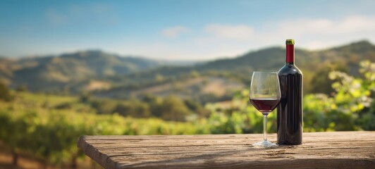 The Wine Bottle and Glass on a Rustic Wooden Terrace Overlooking Vineyards