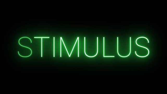 Flickering neon green glowing stimulus sign animated black background.