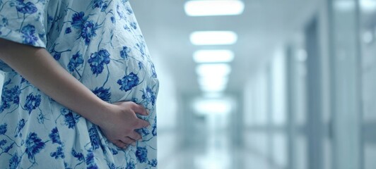 The pregnant woman cradling her belly in a bright hospital corridor awaiting care