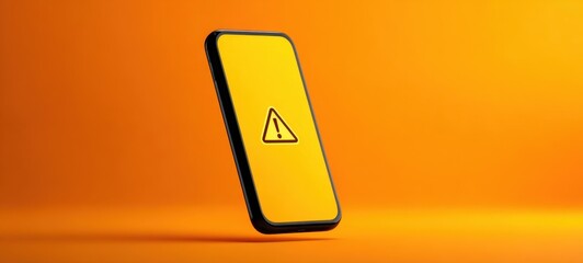 The smartphone with yellow warning screen floating over bright orange minimal background
