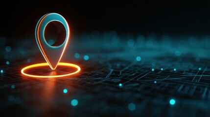 Glowing digital map pin on dark circuit board background