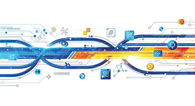 Abstract digital technology background with flowing binary data streams and glowing interface elements