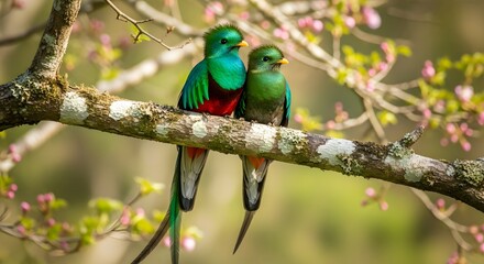 A pair of Resplendent Quetzals sit together on a flowering branch.