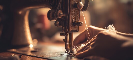 The Sewing Machine and Skilled Hands Creating Handmade Textile with Vintage Warm Light