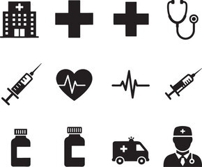 Medical icons set, including hospital, ambulance, doctor, medicine, stethoscope, and health symbols, for healthcare website or medical presentation, isolated on transparent background, png