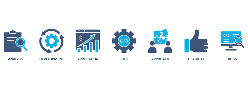 Software testing banner web icon vector illustration concept with icon of analysis, development, application, code, approach, usability, and bugs