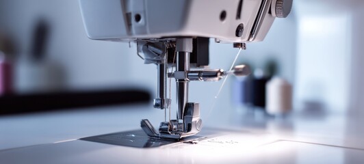 The sewing machine presser foot and needle stitching fabric with soft studio lighting