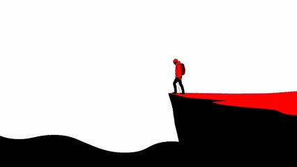 Lone hiker stands on the edge of a cliff with a red path. © Lembu