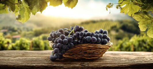 The Grapes in a Woven Basket on a Rustic Wooden Table Overlooking Sunlit Vineyards