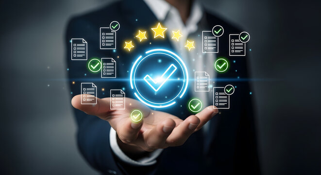 Business professional showcasing digital quality assurance, compliance checks, and five-star customer satisfaction ratings in hand.